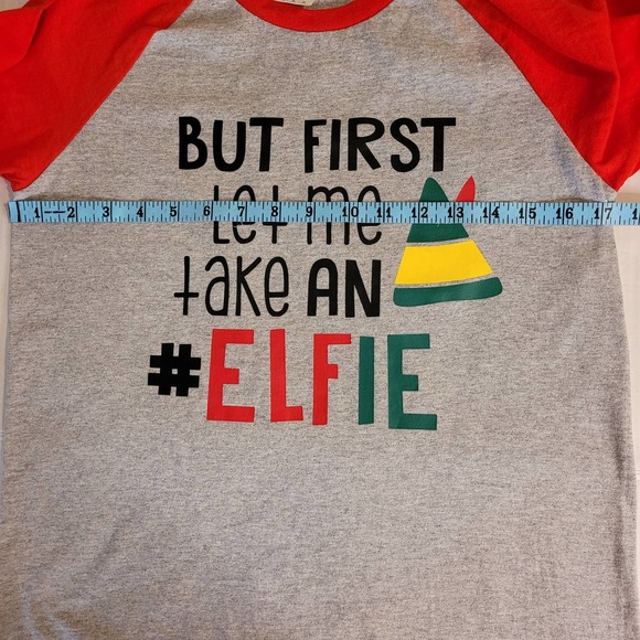 Gildan Youth Christmas "But First Let Me Take An Elfie" TShirt 3/4 Sleeve Medium - Picture 7 of 8